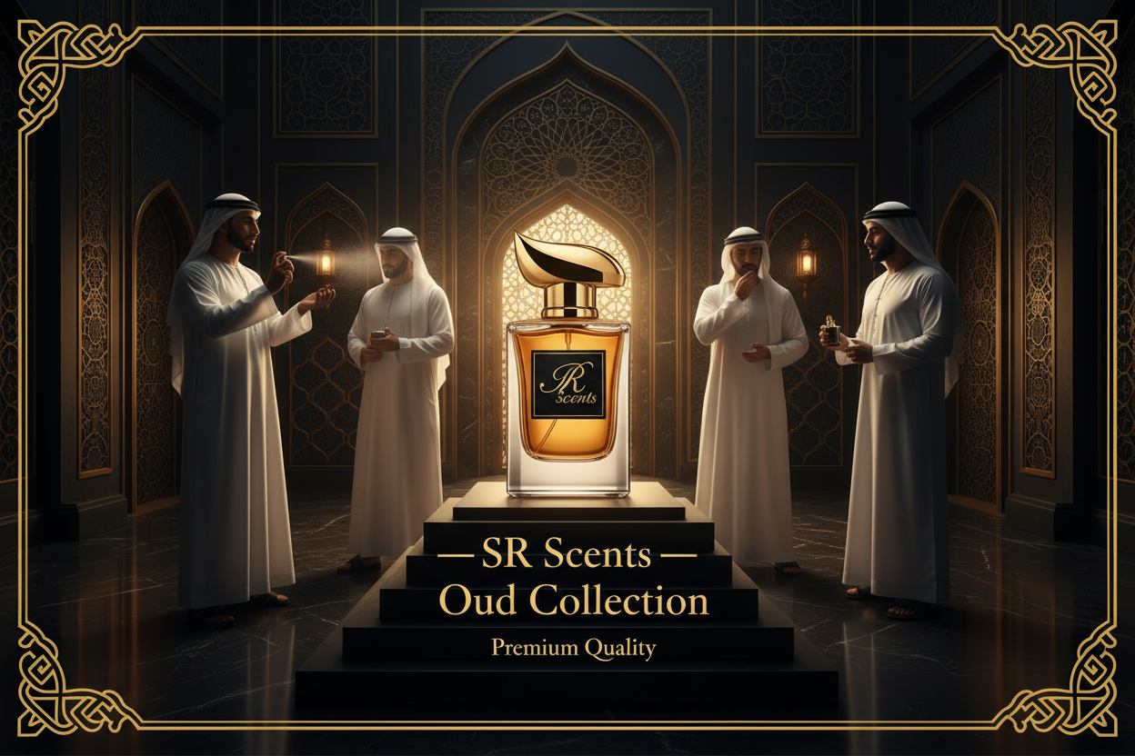 “Create a luxury banner in 2200 × 1027 for an Oud Collection. Show Arabic men in traditional attire spraying perfume on themselves. Use a rich black and gold Arabian theme with warm lighting. Place a premium perfume bottle in the center with ‘SR Scents – Oud Collection’ clearly printed. Make the design royal, warm, and eye-catching.” write the oud collection premium quality