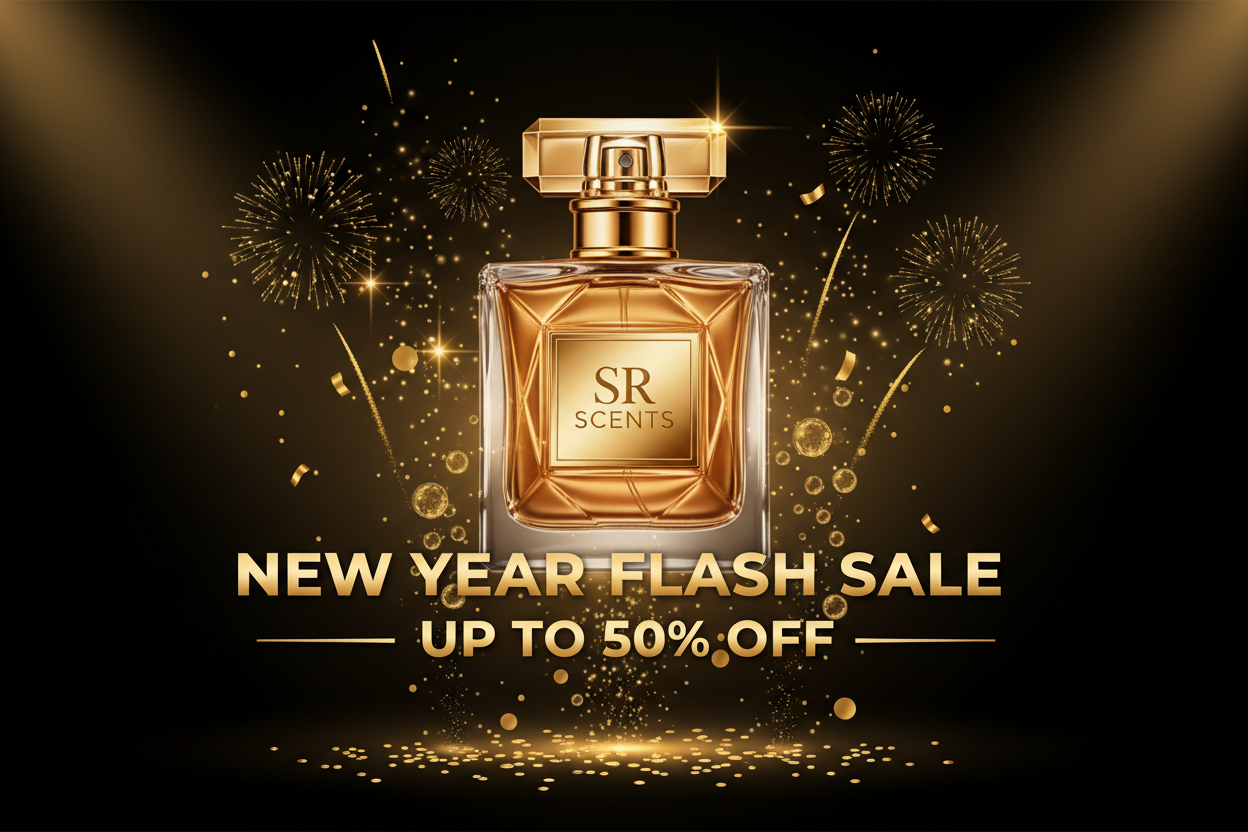 “Create a premium New Year Flash Sale banner in a luxurious black and gold theme. Add elegant golden sparkles, soft glows, and festive elements for a rich New Year vibe. Place a high-quality perfume bottle in the center with ‘SR Scents’ clearly printed on it. Add stylish bold text on the banner: ‘New Year Flash Sale – Up to 50% Off’. Use modern luxury lighting, smooth gradients, and metallic gold highlights. The design should look classy, festive, eye-catching, and perfect for a perfume brand.”