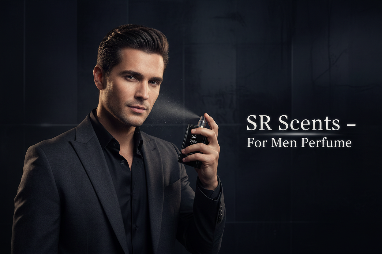 “Create a premium wide banner in 2200 × 1027 for a men’s fragrance collection. Show a well-groomed, classy man spraying perfume on himself, ensuring his full face is visible and not cut off. Use a dark elegant masculine background with soft luxury lighting. Place a high-quality perfume bottle in front with ‘SR Scents’ clearly printed on it. Add clean modern text on the banner: ‘SR Scents – For Men Perfume’. The style should be sharp, premium, and eye-catching for a men’s fragrance banner.”