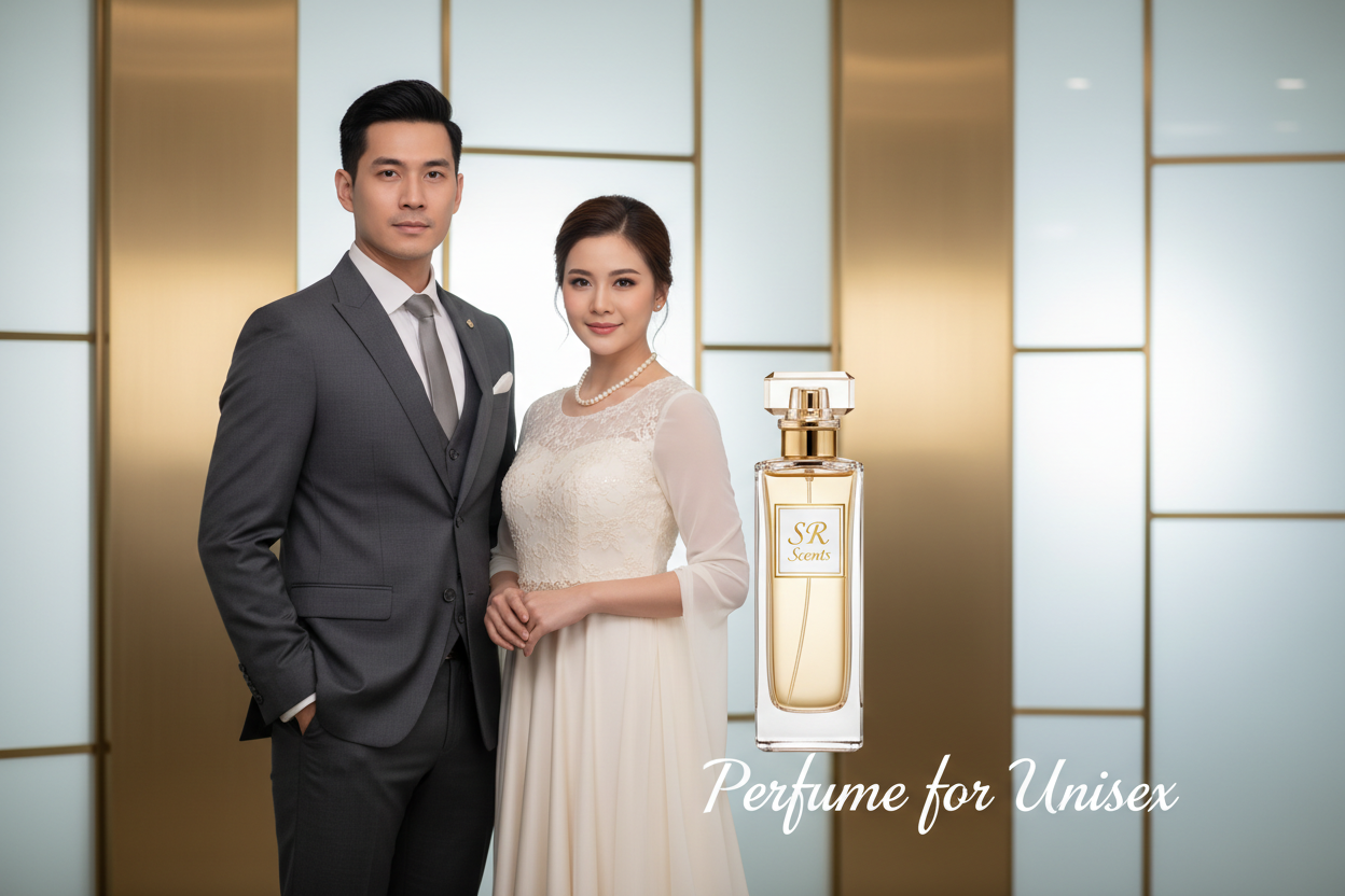 “Create a premium wide banner in 2200 × 1027. Show a classy man and a modest, elegant woman in premium non-bold outfits (like suits). Use soft bright luxury lighting and a clean modern background. Add a high-quality perfume bottle with ‘SR Scents’ clearly printed on it. Make the banner look elegant, balanced, and eye-catching.” write perfume for unisex